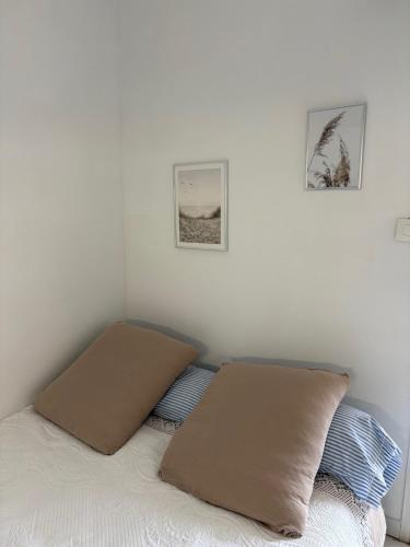 a bed with two pillows on it in a room at Au clair soleil in Frontignan