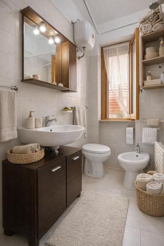 a bathroom with a sink and a toilet and a mirror at Dimora del Sole in Vasto