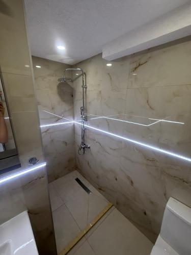 a bathroom with a shower with a glass door at Baywatch Apartmans in Brca