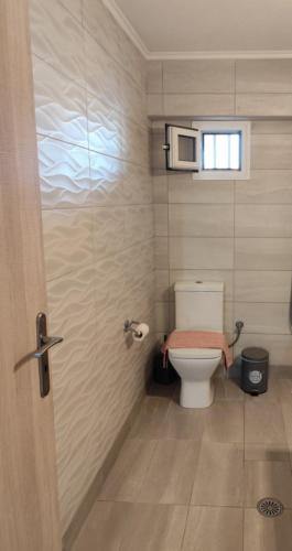 a bathroom with a toilet and a window at Sofia's Guest House in Levkákia