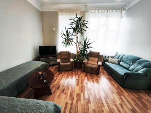 a living room with a couch and chairs and a television at Hostel Lõuna in Pärnu
