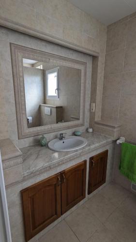 a bathroom with a sink and a mirror at Gîte Barbera "Les Oliviers" in Grospierres