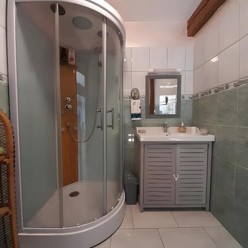 a bathroom with a shower and a sink at Chambre d'hôtes Chez Sarah in Saint-Bon