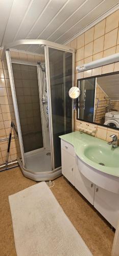 a bathroom with a green sink and a shower at Arctic House Kemi 7 GUEST, outdoor tentsauna Experience in Kemi
