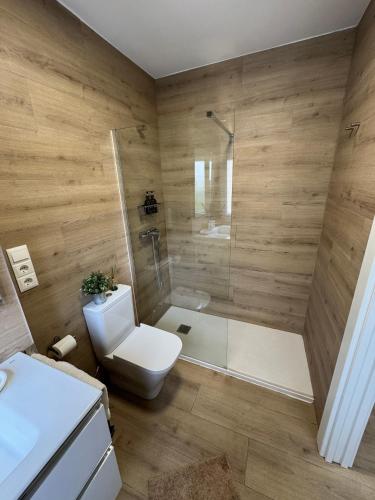 a bathroom with a shower and a toilet and a sink at Apartamento Room Laredo in Laredo