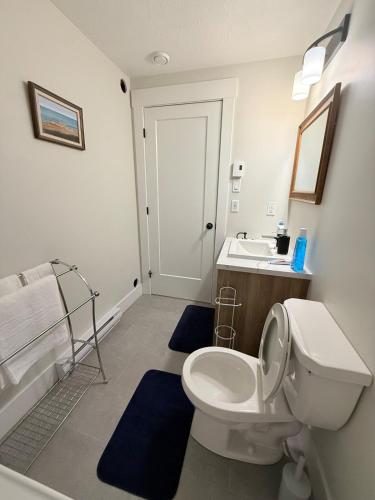 a bathroom with a white toilet and a sink at Befitting Crown Suite in Moncton