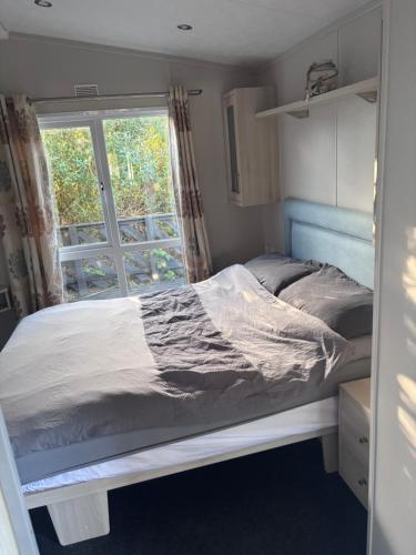 a bed in a small room with a window at ty newydd leisure park in Brynteg
