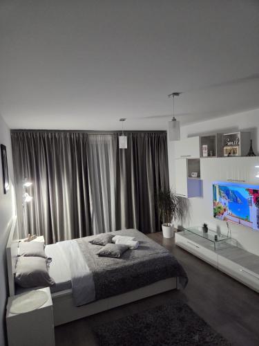 a bedroom with a bed and a large window at Wonderful Apartment in Braşov
