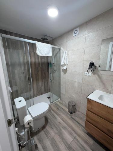 a bathroom with a shower and a toilet and a sink at Niza Beach Sunset Stay in Málaga