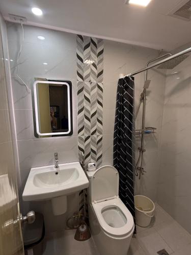 a bathroom with a sink and a toilet and a mirror at A&F Transient House in San Felipe