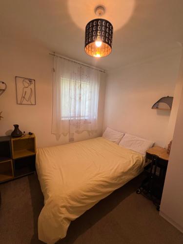 a bedroom with a bed and a chandelier at Golden House in Waterbeach