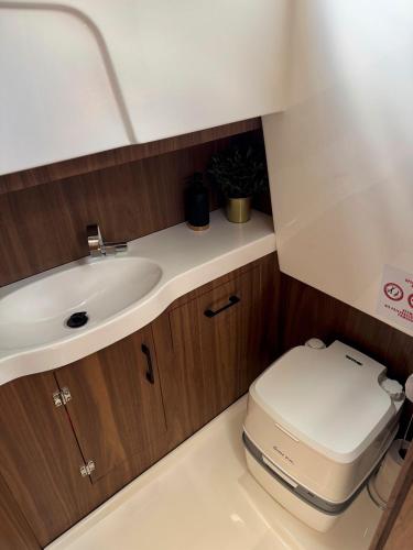 a small bathroom with a toilet and a sink at Silent Jacht Solina in Polańczyk