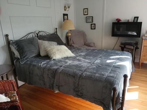 a bedroom with a bed with a gray blanket at B&B Le Transit in Quebec City