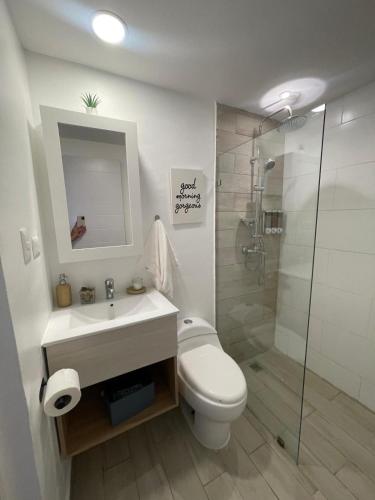 a bathroom with a toilet and a sink and a shower at Private Beach Community - White Sands Golf Resort - Modern 2BR Private Pool and Patio in Punta Cana