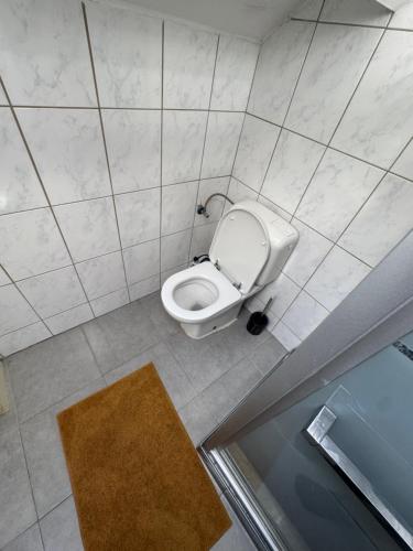 ein Badezimmer mit einer weißen Toilette und einem braunen Teppich in der Unterkunft FERTILE in Charleroi