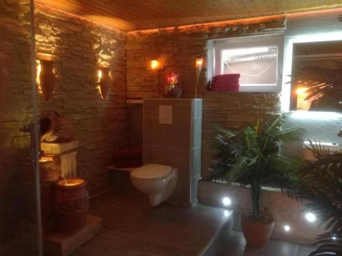 a bathroom with a toilet and a plant in it at Ferienhaus Bundenthal in Bundenthal