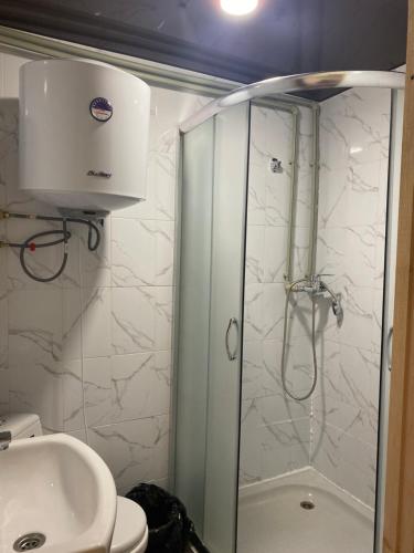 a bathroom with a shower and a toilet and a sink at Shulgivka in Shulʼgovka