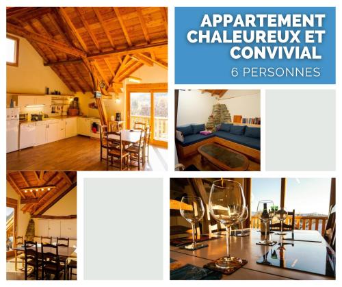 a collage of pictures of a kitchen and a living room at Rando, ski & lac, grand appartement 6 personnes - Lac de Serre ponçon in Prunières