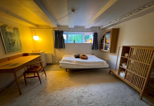 a small bedroom with a bed and a desk and a table at Cozy and Spacious Guest Room, Virum in Virum