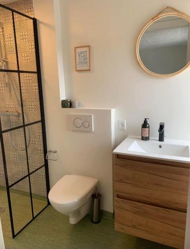 a bathroom with a toilet and a sink and a mirror at Kroghuset - Det Lille Hotel in Tarm