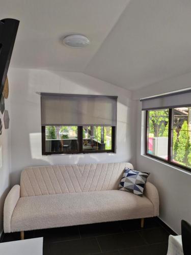 a living room with a couch and two windows at Cottage house 92 Auqaluna in Podčetrtek