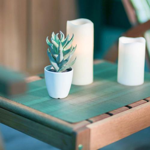 a plant in a pot on a table with two candles at Gran Bourbon Hotel Asuncion in Asuncion
