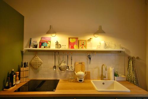 a kitchen with a counter with a sink and shelves at Friesen-Cottage in Friedrichstadt