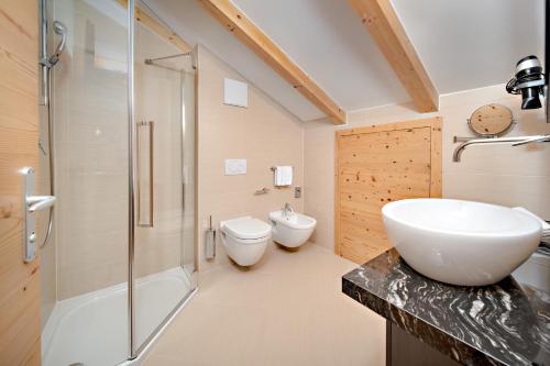a bathroom with a sink and a shower and a toilet at Hotel Chalet Dlaces in Selva di Val Gardena