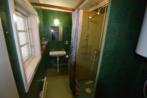 a green bathroom with a sink and a shower at Ekesberget Stugby stuga 6 in Ekshärad