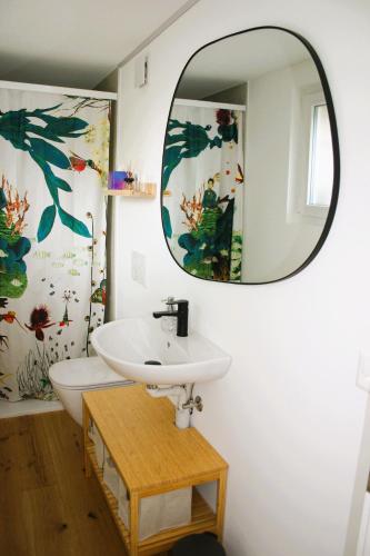 a bathroom with a sink and a mirror at #studio 19 in Saint-Léonard