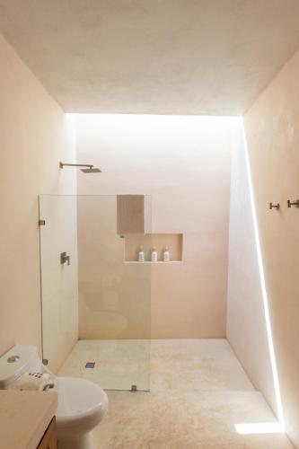 a bathroom with a shower and a white toilet at Casa Sofía Centro in Mérida