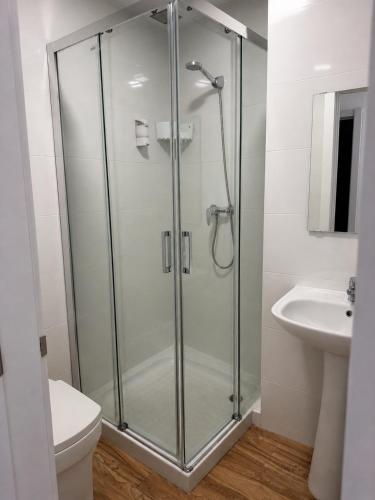 ein Badezimmer mit Dusche, Toilette und Waschbecken in der Unterkunft Hostal Nerjasol in Nerja