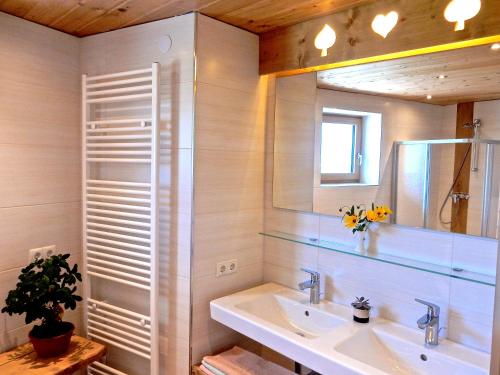 a bathroom with a sink and a mirror at Ferienhaus Alpina Ötztal in Sautens