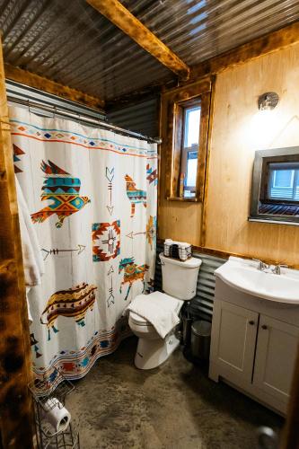 a bathroom with a toilet and a sink and a shower curtain at The Trail Head in South Fork