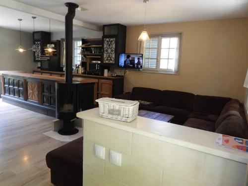 a living room with a couch and a fireplace at Gîte Nid dans la Forêt in Saint-Jean-aux-Bois