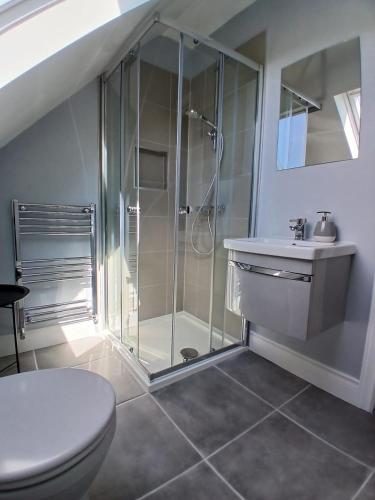 a bathroom with a shower and a toilet and a sink at The Coast House in Kilmore
