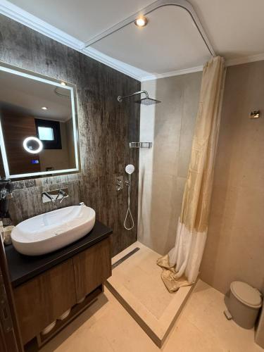 a bathroom with a sink and a shower at Peralun Lux Apartments in Nea Peramos