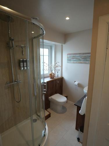 a bathroom with a toilet and a glass shower at Cruachan B & B in Tomintoul