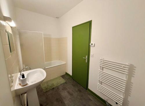 a bathroom with a sink and a green door at Appartement Martell in Cognac