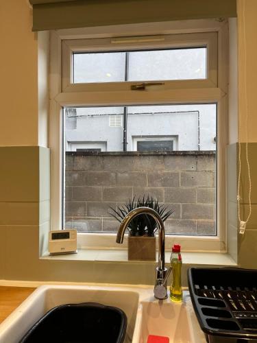 a kitchen sink with a window above a kitchen counter at Anglesey House in Burton upon Trent
