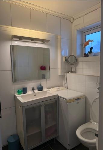 a bathroom with a sink and a toilet at Koselig leilighet in Flekkefjord
