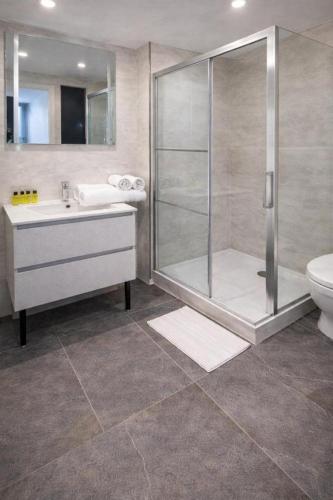 a bathroom with a shower and a sink and a toilet at Hotel La Baie Royale in Pontorson