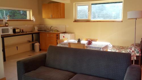 a living room with a couch and a kitchen at Refugio del Lago in San Carlos de Bariloche