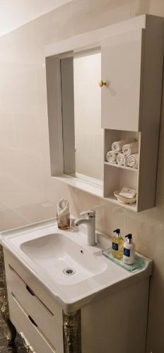 a bathroom with a sink and a mirror at Mak Palace Hotel in Sialkot