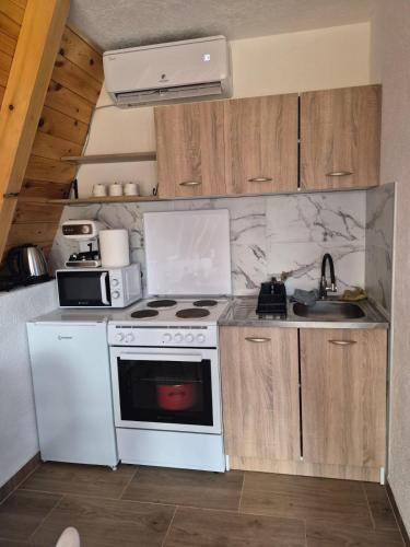 a kitchen with a white stove and a sink at Mountain Houses Jakov in Žabljak