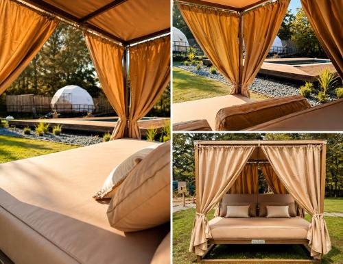 two pictures of a bed in a tent at Vilodge in Charrúa