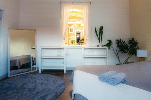 a bedroom with a bed and a window and a mirror at The Nomad Hostel - SJO Airport San Jose 5 min - Private, WiFi & Coffee in Alajuela
