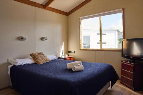 a bedroom with a blue bed and a window at The Mook Mollymook in Mollymook
