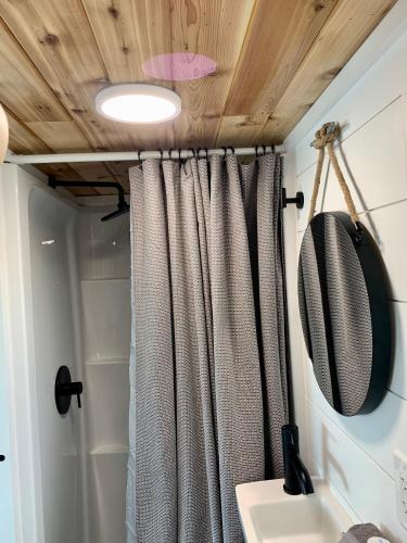 a bathroom with a shower curtain and a sink at The Eagle’s View (Tiny Home 4) in Bellevue