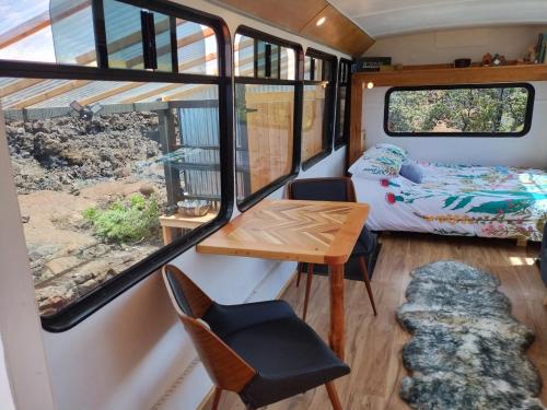 a tiny house with a bedroom and a dog in it at Lava Bus in Hawaiian Ocean View